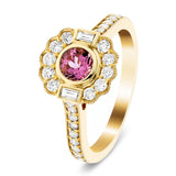 Art Deco Cushion Pink Tourmaline and Diamond 0.90ct Ring 18k Yellow Gold - All Diamond