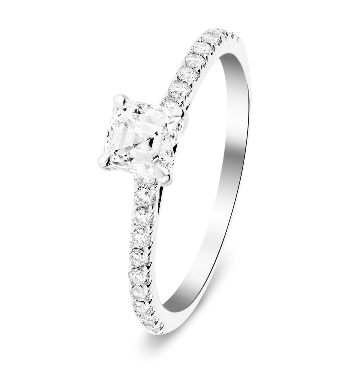 Asscher Cut Diamond Side Stone Engagement Ring 0.55ct E/VS in 18k White Gold - All Diamond