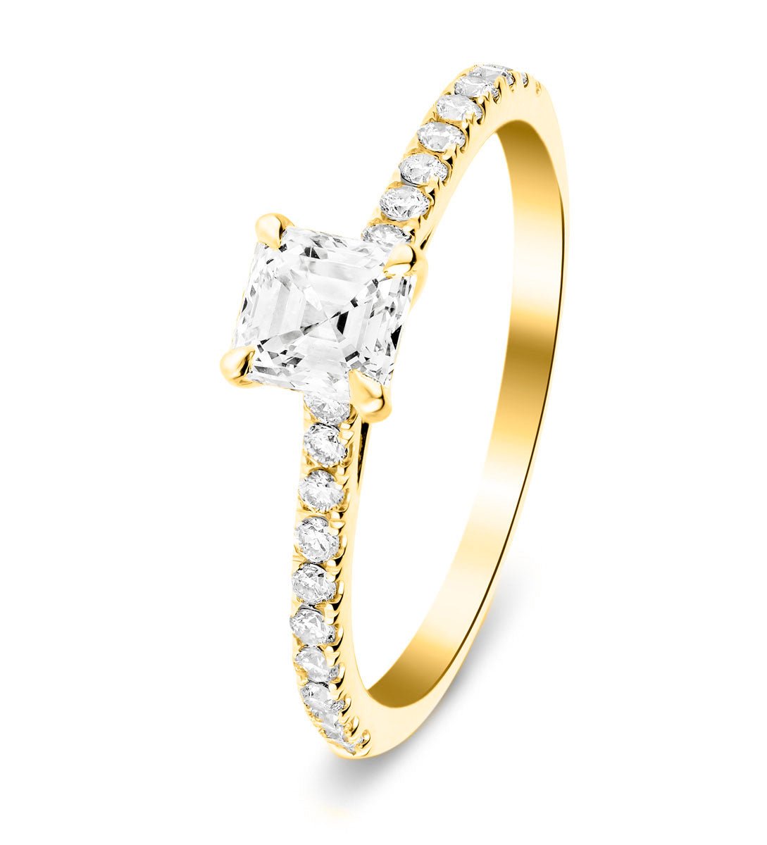 Asscher Cut Diamond Side Stone Engagement Ring 0.55ct E/VS in 18k Yellow Gold - All Diamond