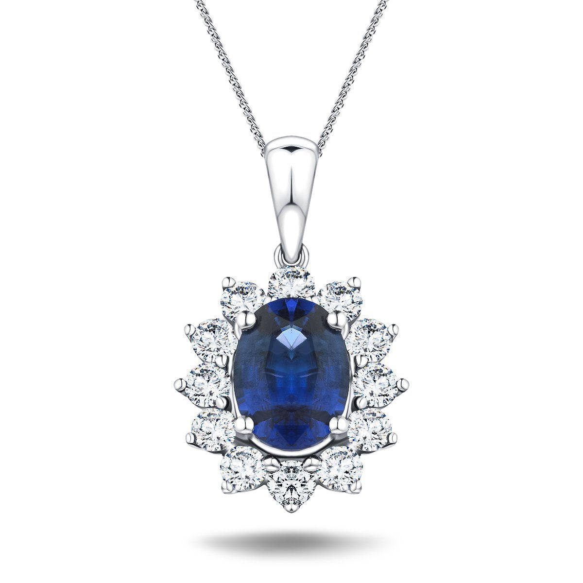 Blue Sapphire 1.40ct & 0.60ct G/SI Diamond Necklace in 18k White Gold - All Diamond