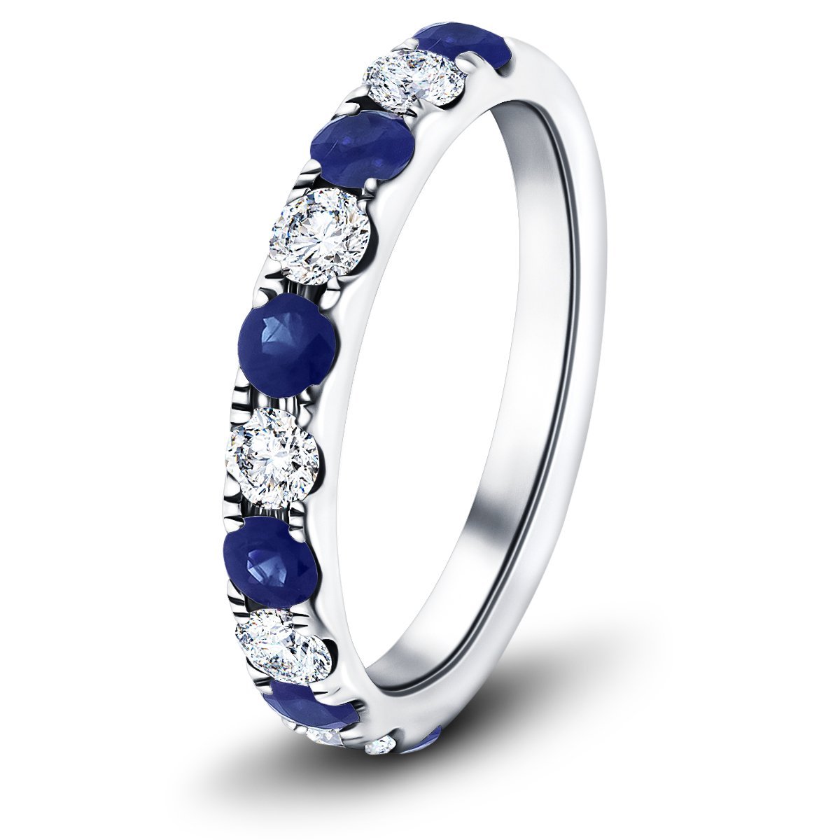 Blue Sapphire & Diamond Half Eternity Ring 0.80ct in 18k White Gold - All Diamond