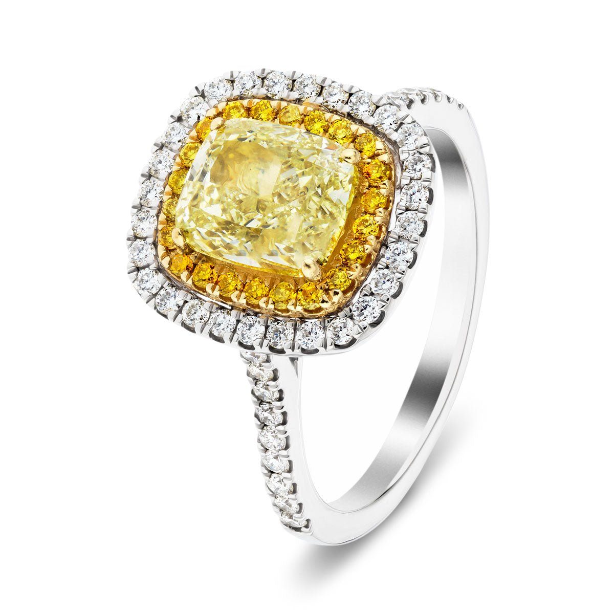 Certified Cushion Yellow Diamond Double Halo Engagement Ring 2.50ct Ring 18k White Gold - All Diamond