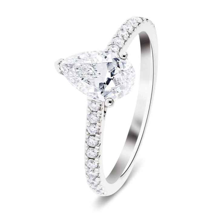 Anillo de compromiso de piedra lateral de pera con diamante certificado 0,80 ct E/VS oro blanco de 18 k