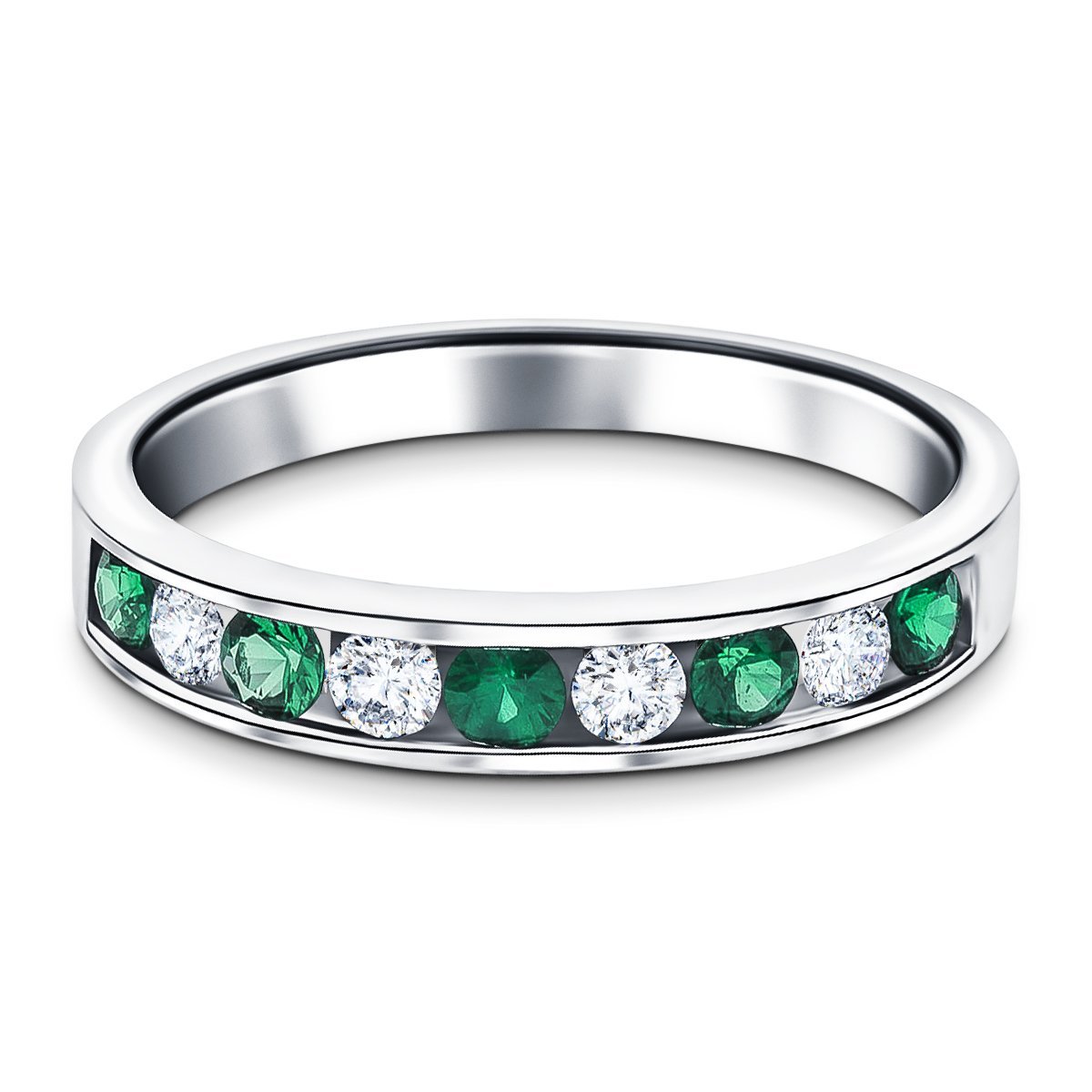 Channel Emerald & Diamond Half Eternity Ring 0.50ct 18k White Gold - All Diamond