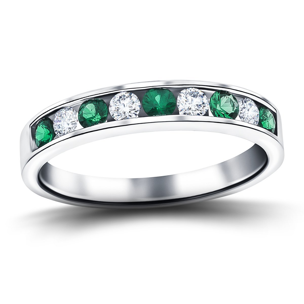 Channel Emerald & Diamond Half Eternity Ring 0.85ct 18k White Gold - All Diamond