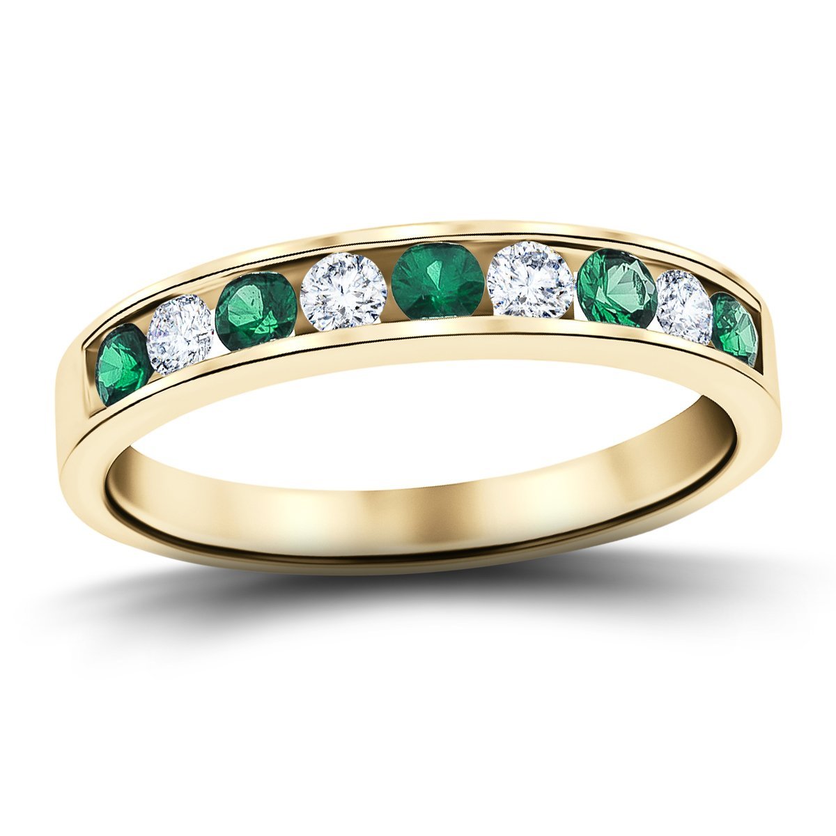 Channel Emerald & Diamond Half Eternity Ring 0.85ct 18k Yellow Gold - All Diamond