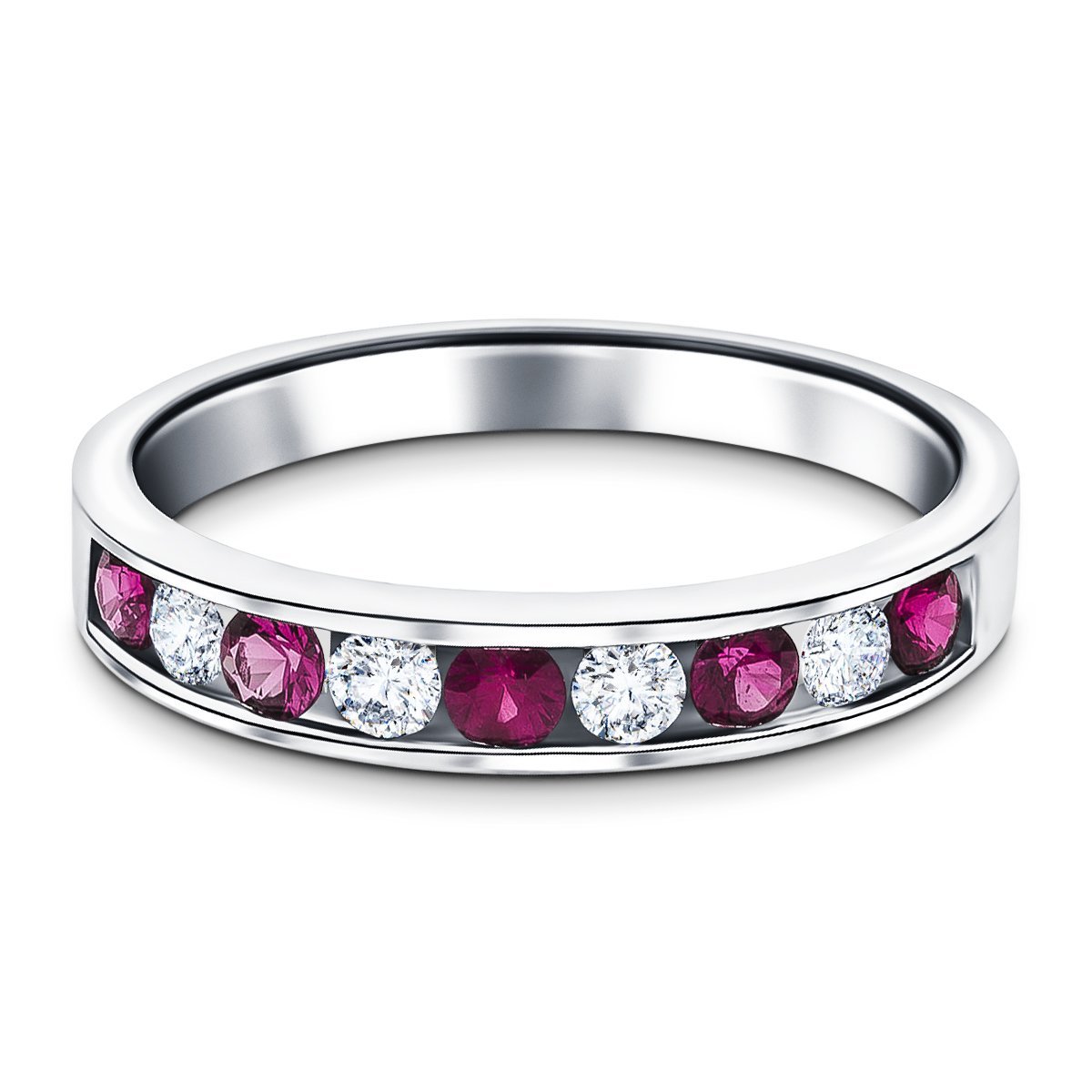 Channel Ruby & Diamond Half Eternity Ring 0.55ct 18k White Gold - All Diamond