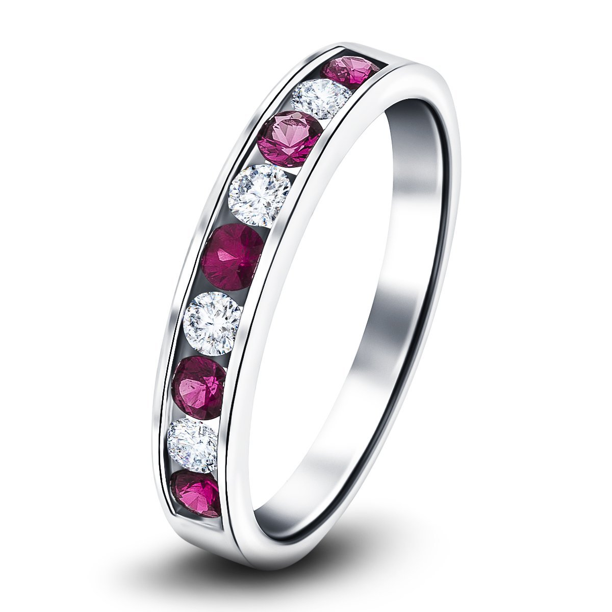 Channel Ruby & Diamond Half Eternity Ring 0.55ct 18k White Gold - All Diamond