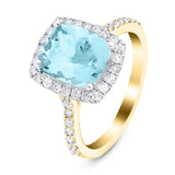 Cushion Halo Aquamarine 2.33ct & Diamond 0.53ct Ring in 18K Yellow Gold - All Diamond