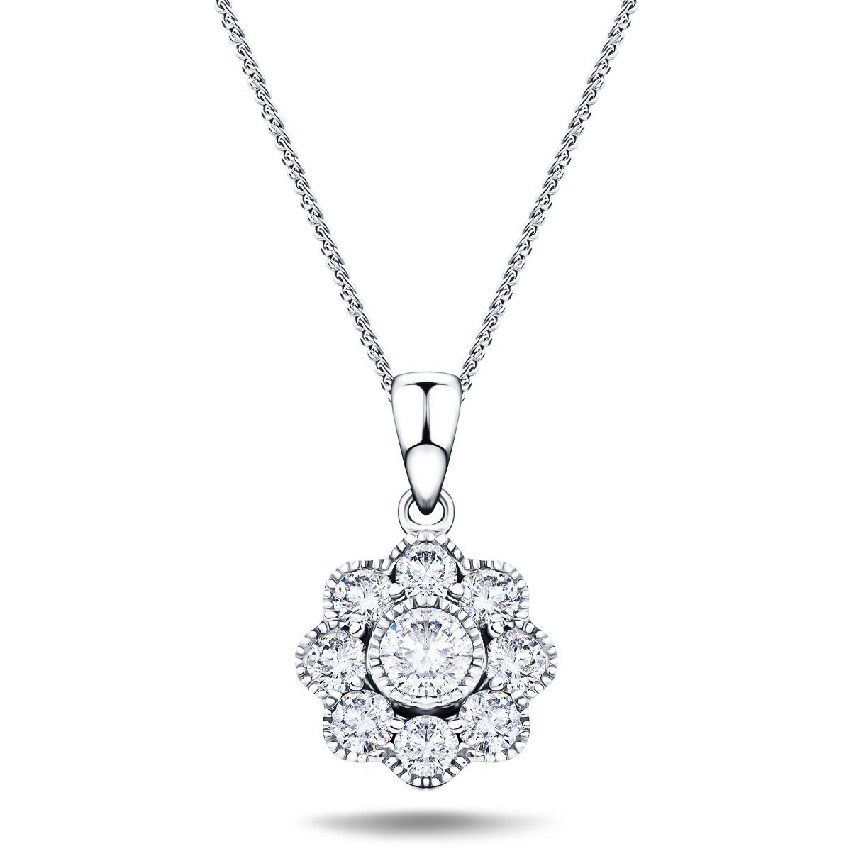 Diamond Cluster Pendant Necklace 0.35ct G/SI 18k White Gold 9.0x15.6 - All Diamond