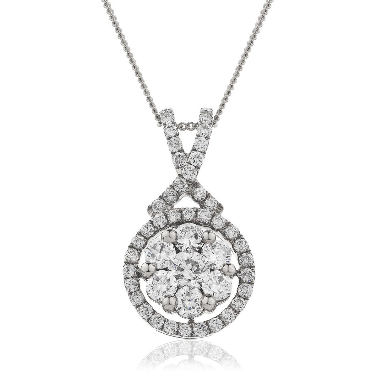 Diamond Cluster Pendant Necklace 0.60ct G/SI 18k White Gold 9.9x17.8 - All Diamond