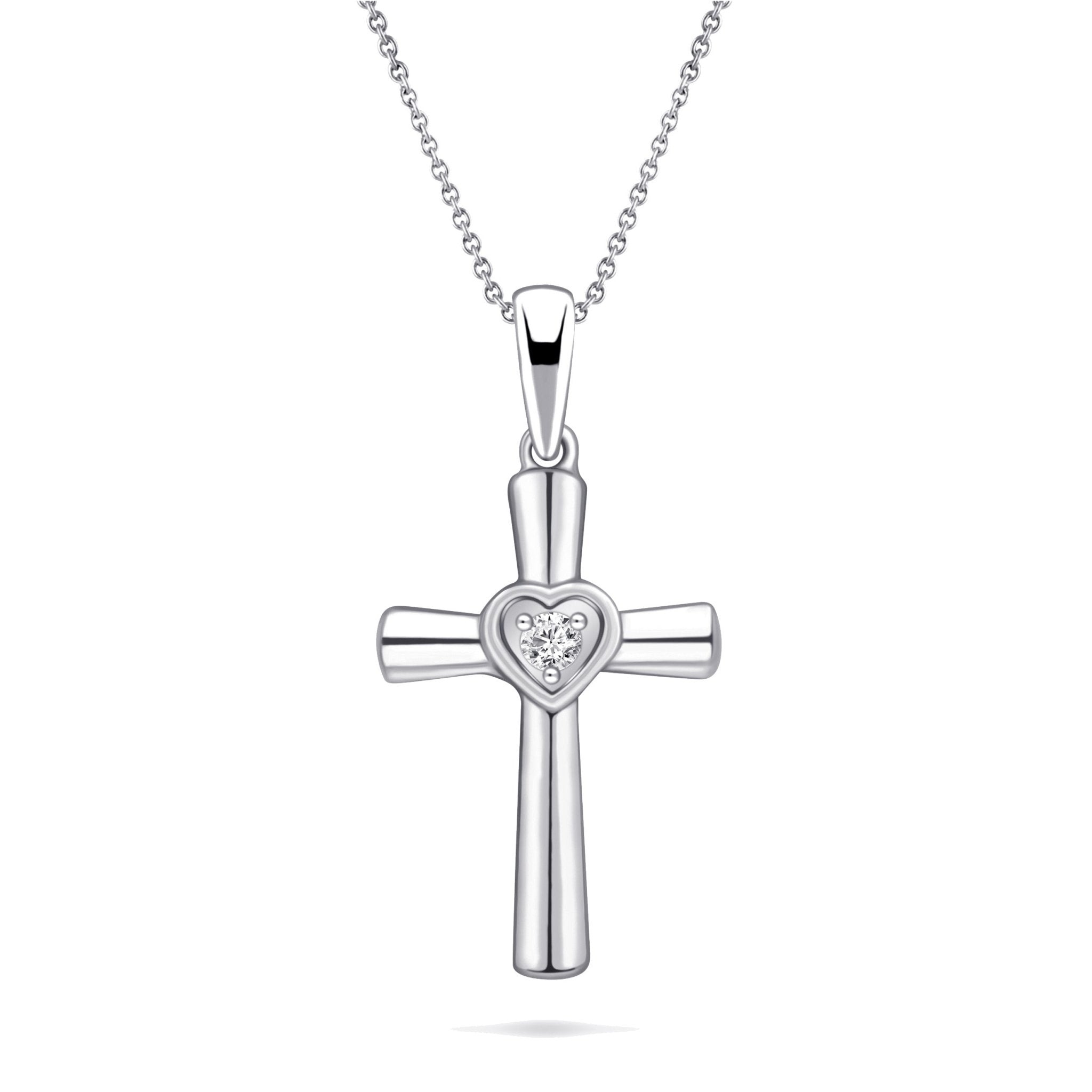 Diamond Cross Heart Pendant Necklace 0.05ct G/SI in 9k White Gold - All Diamond