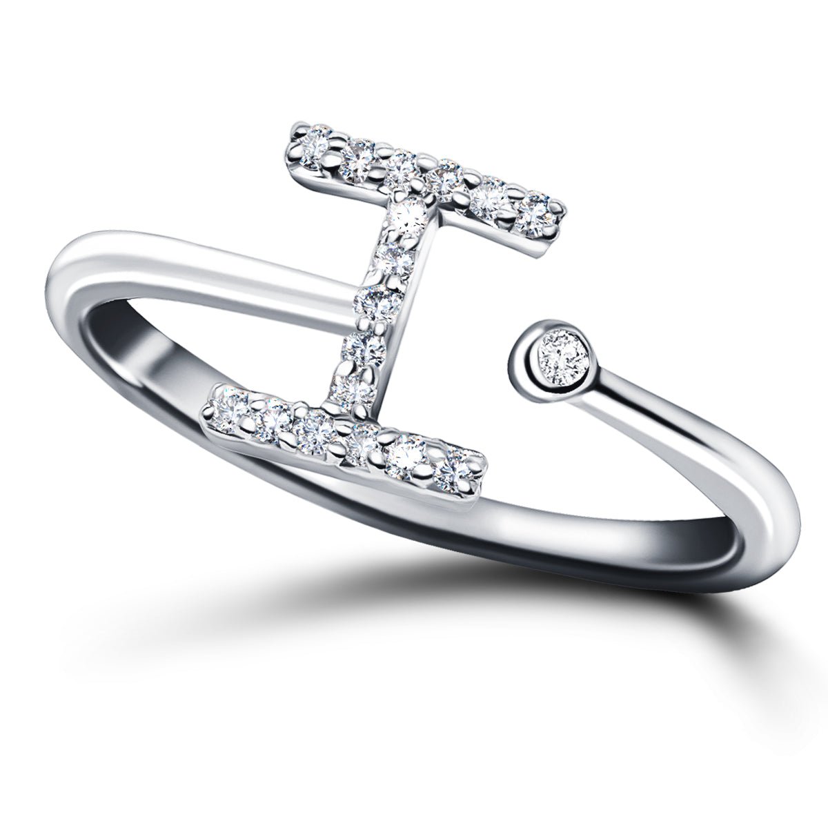 Diamond Initial 'I' Ring 0.10ct Premium Quality in 18k White Gold - All Diamond