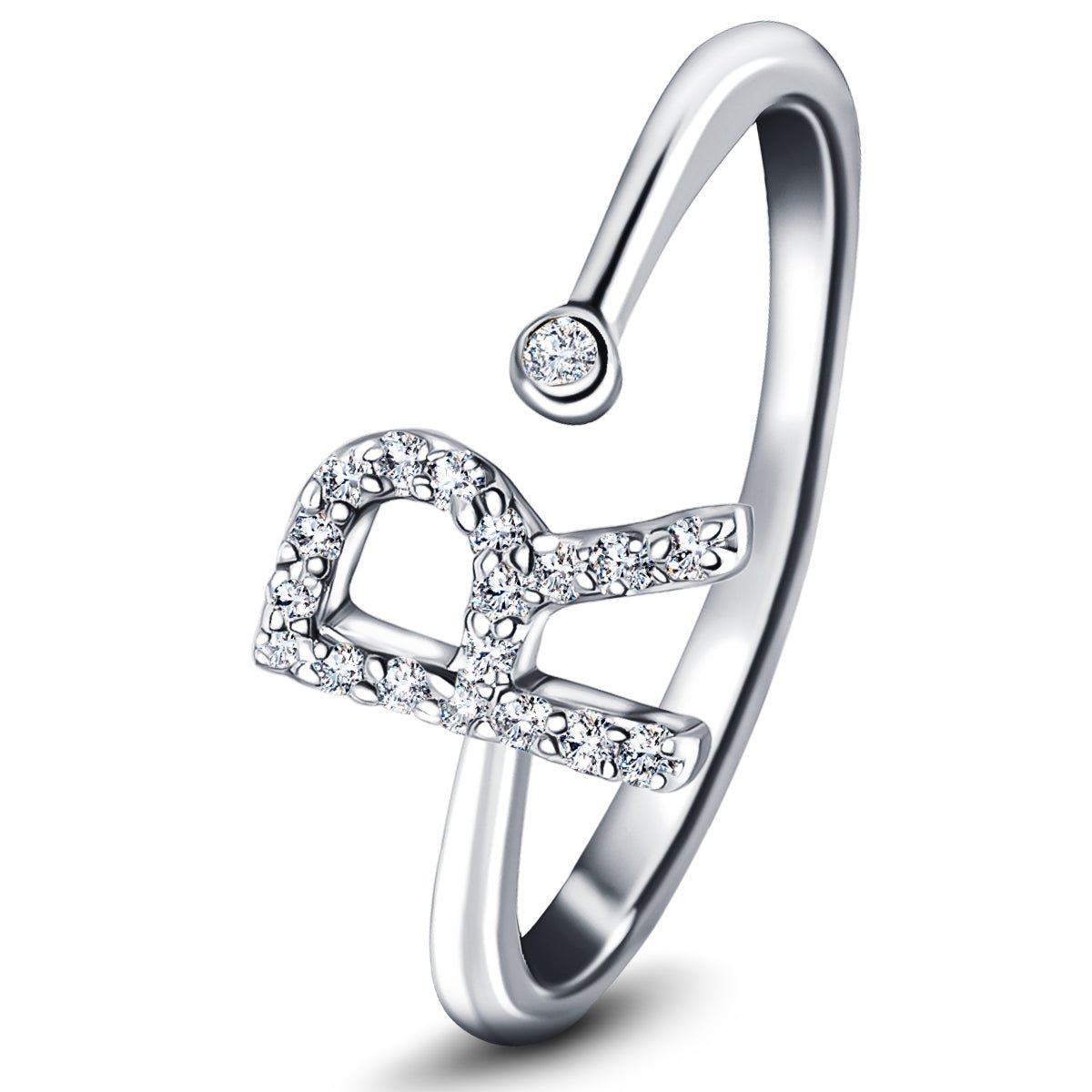 Diamond Initial 'R' Ring 0.10ct Premium Quality in 18k White Gold - All Diamond