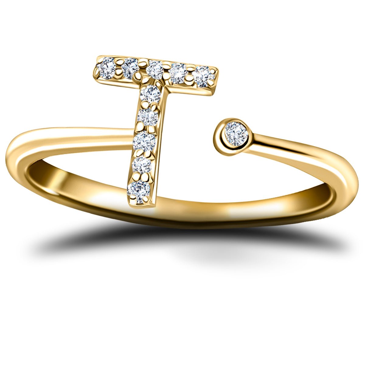 Diamond Initial 'T' Ring 0.10ct Premium Quality in 18k Yellow Gold - All Diamond