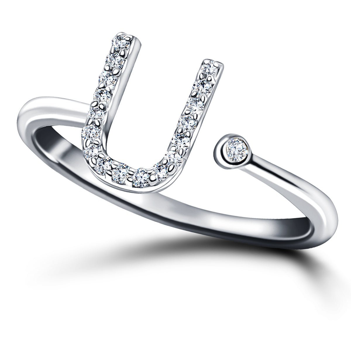 Diamond Initial 'U' Ring 0.10ct Premium Quality in 18k White Gold - All Diamond