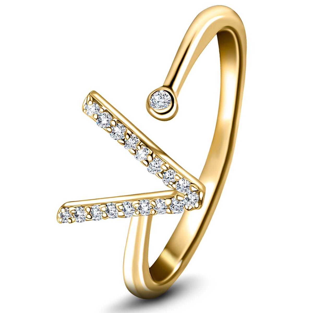 Diamond Initial 'V' Ring 0.10ct Premium Quality in 18k Yellow Gold - All Diamond
