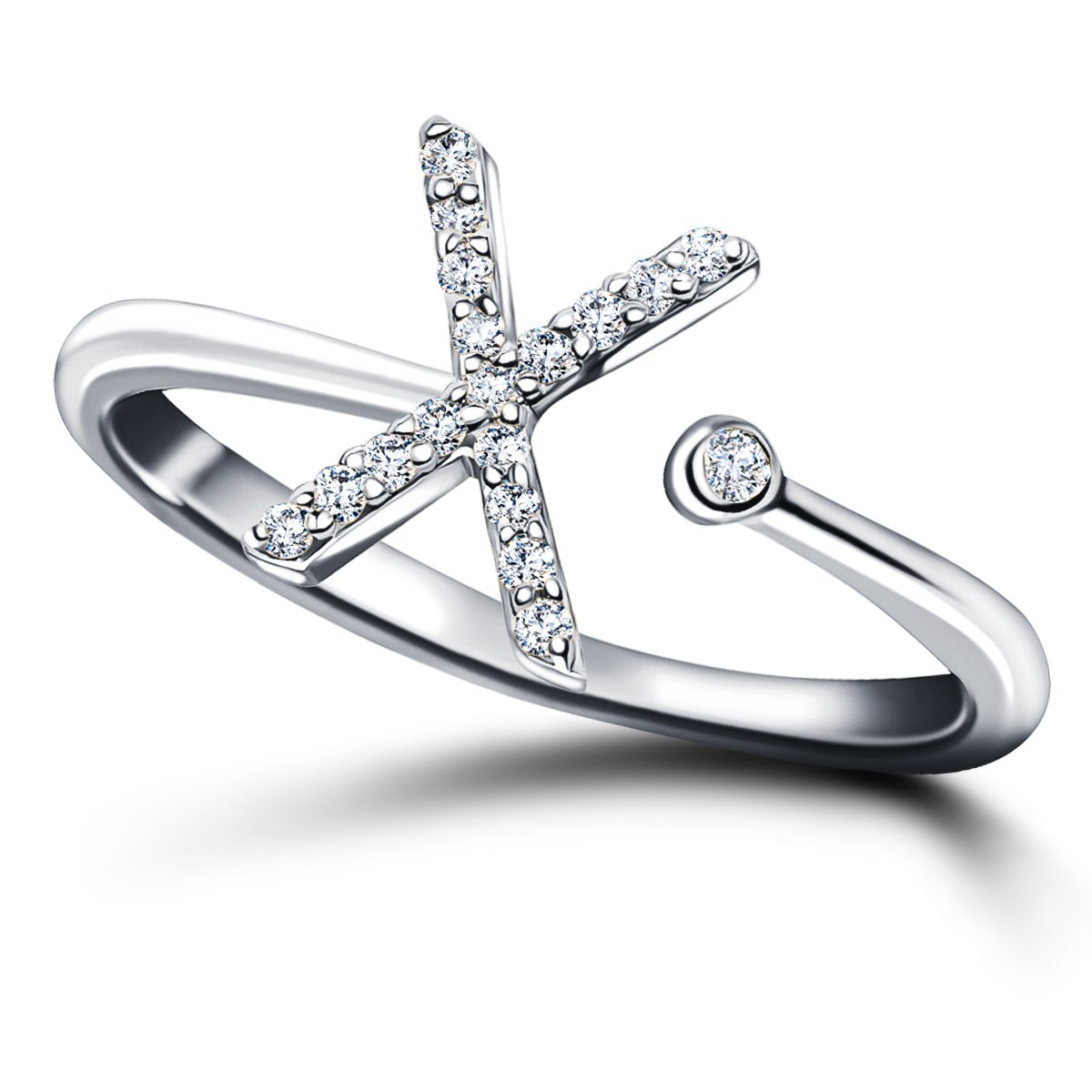 Diamond Initial 'X' Ring 0.10ct Premium Quality in 18k White Gold - All Diamond
