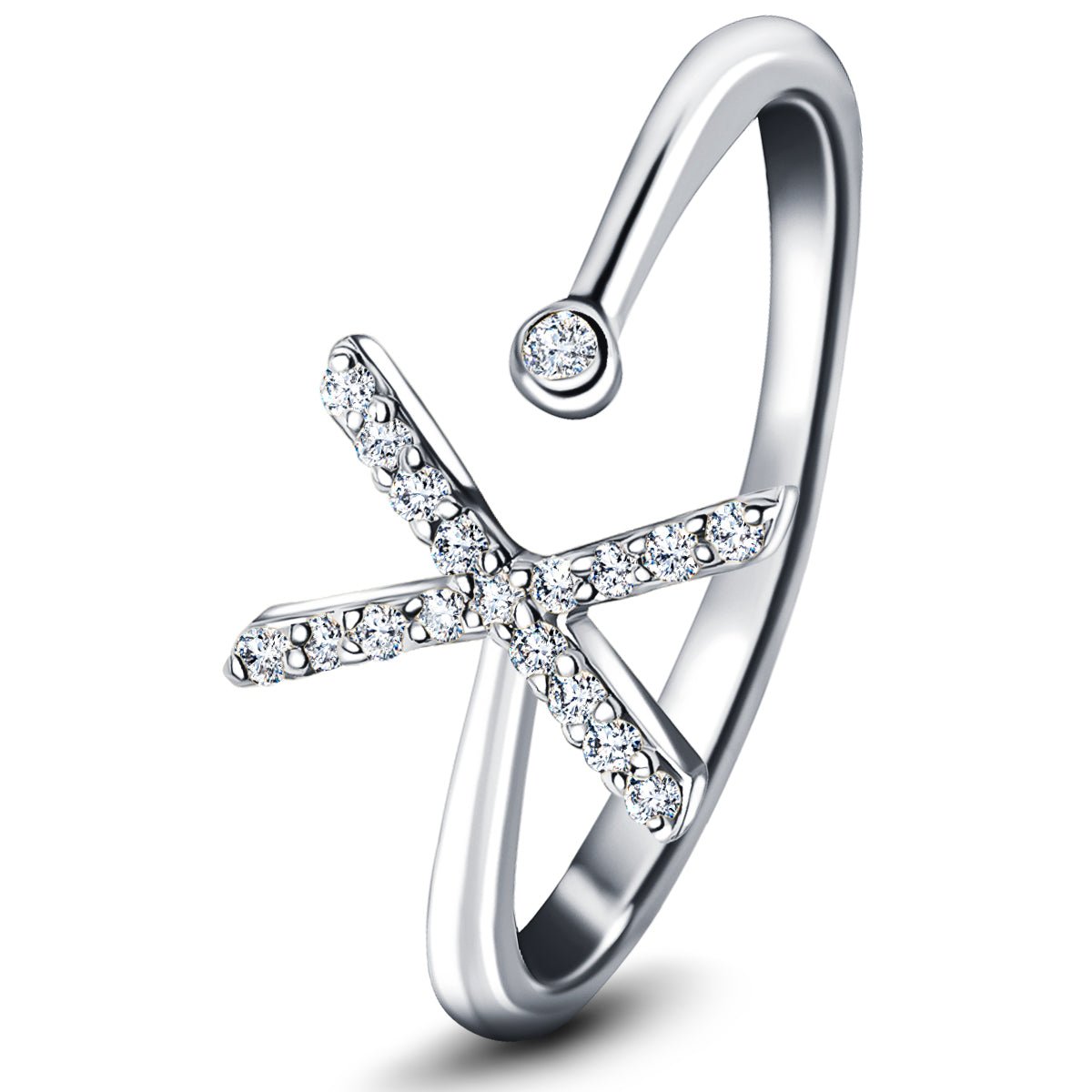 Diamond Initial 'X' Ring 0.10ct Premium Quality in 18k White Gold - All Diamond