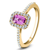 Emerald Pink Sapphire & Diamond 0.90ct Halo Ring in 18k Yellow Gold - All Diamond