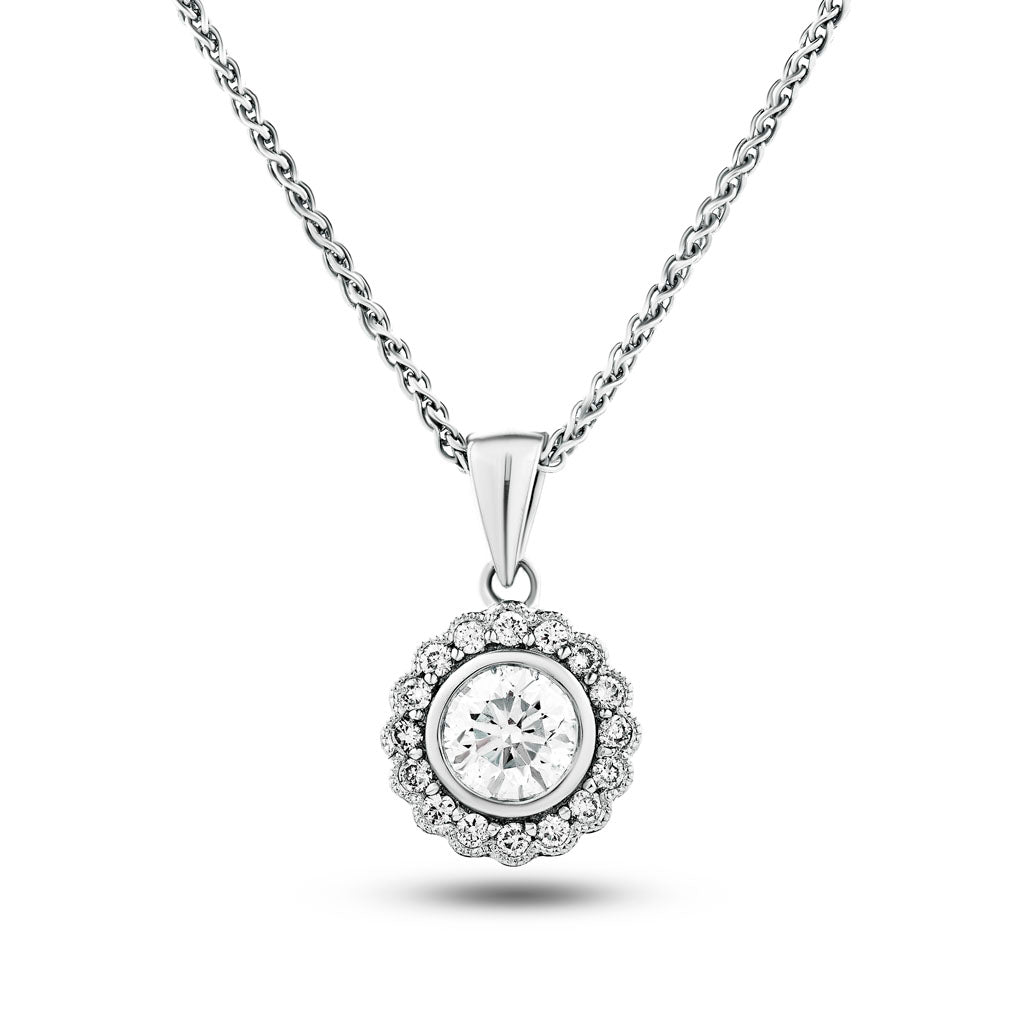 Flower Diamond Halo Pendant Necklace 0.50ct G/SI 18k White Gold - All Diamond