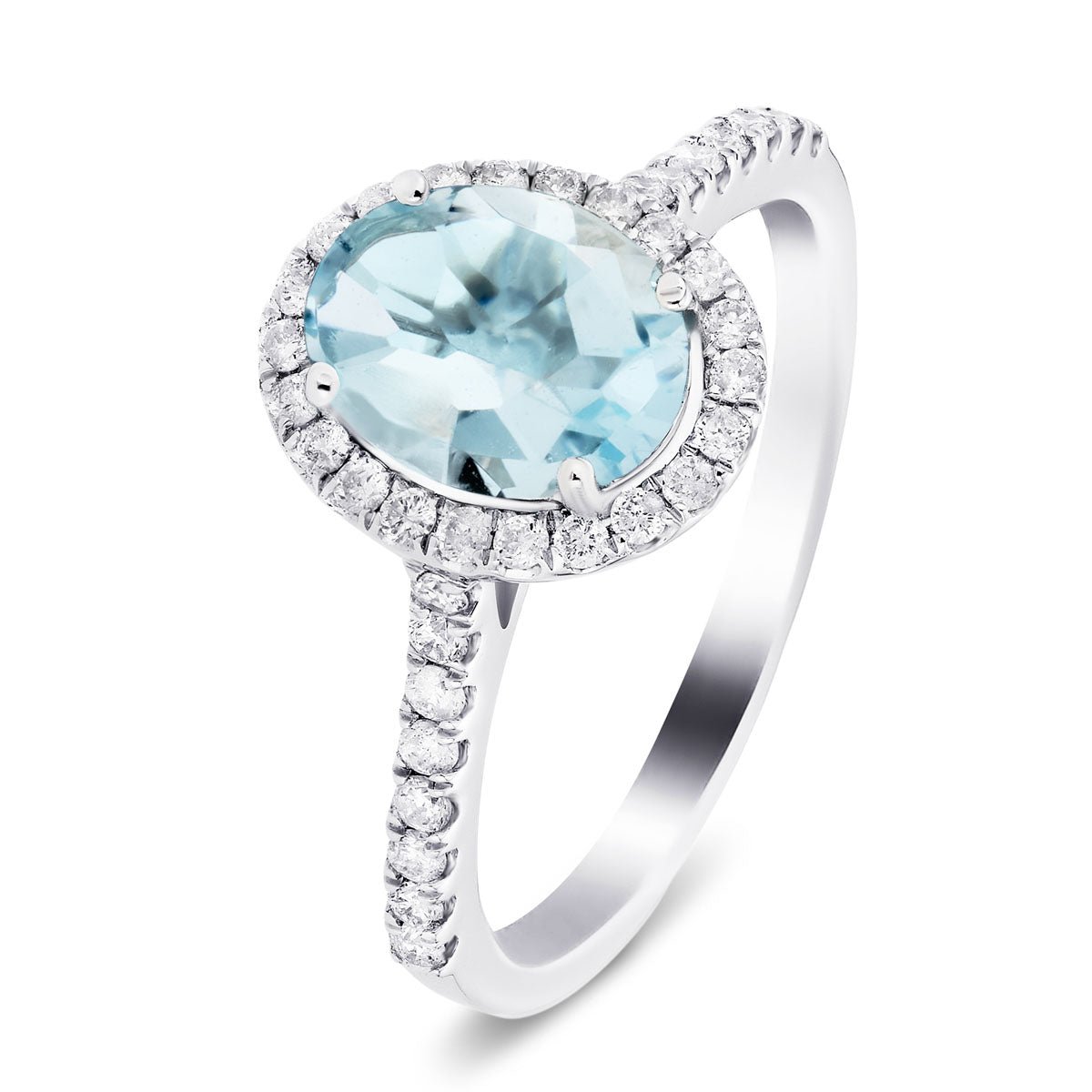 Halo Aquamarine 1.34ct and Diamond 0.34ct Ring in 18K White Gold - All Diamond