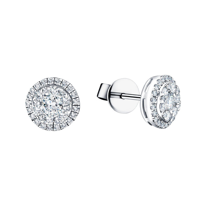 Aretes redondos con halo de diamantes en racimo de 0,85 ct G/SI en oro blanco de 18 k de 9,0 mm