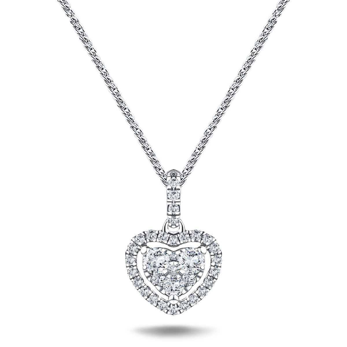 Halo Cluster Heart Necklace 0.70ct G/SI Diamond in 18K White Gold - All Diamond