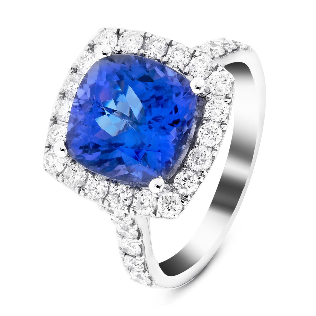 Halo Cushion Tanzanite 5.37ct and Diamond 1.00ct Ring in Platinum - All Diamond