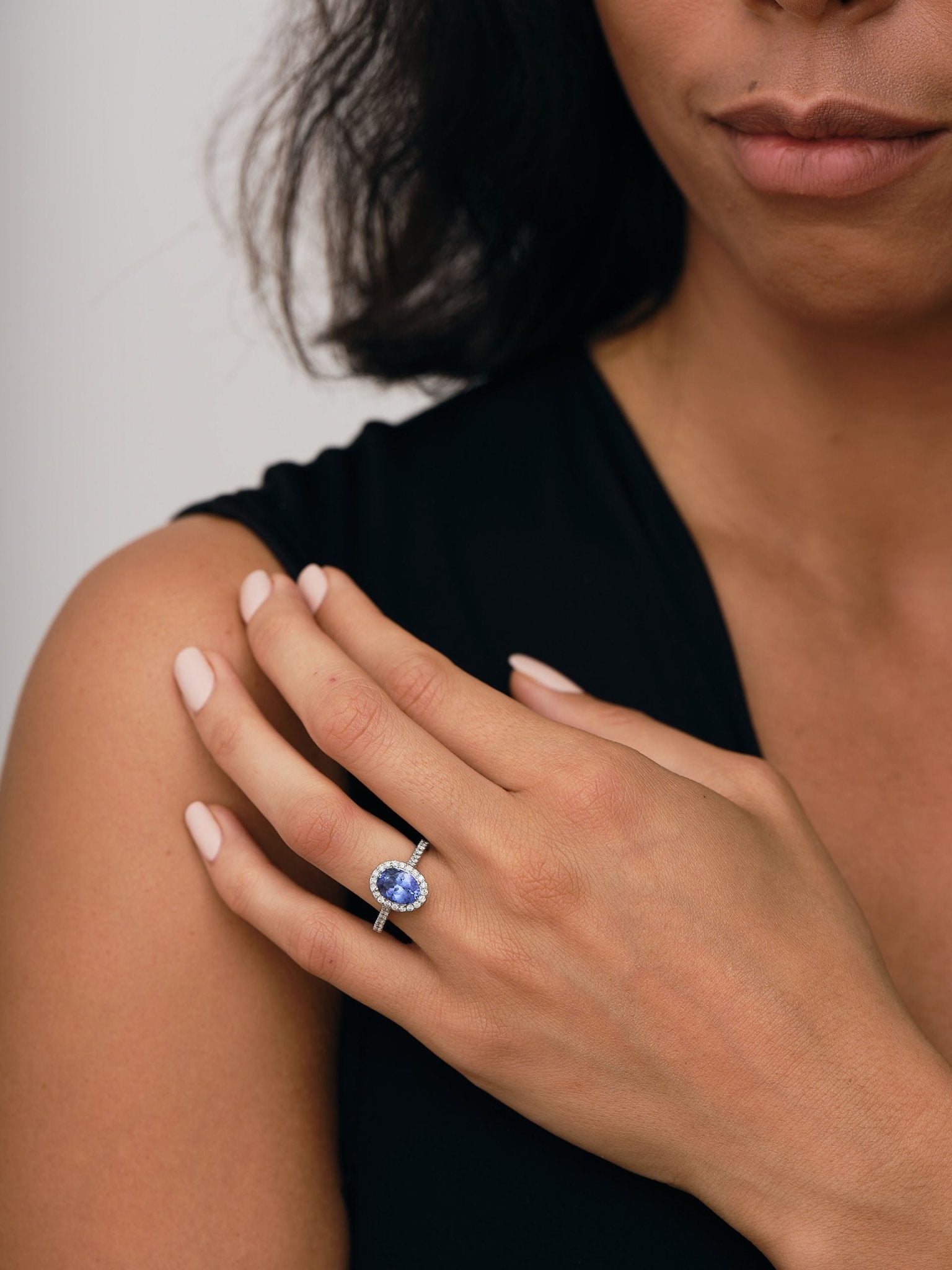 Halo Oval Tanzanite 1.85ct and Diamond 0.41ct Ring in Platinum - All Diamond