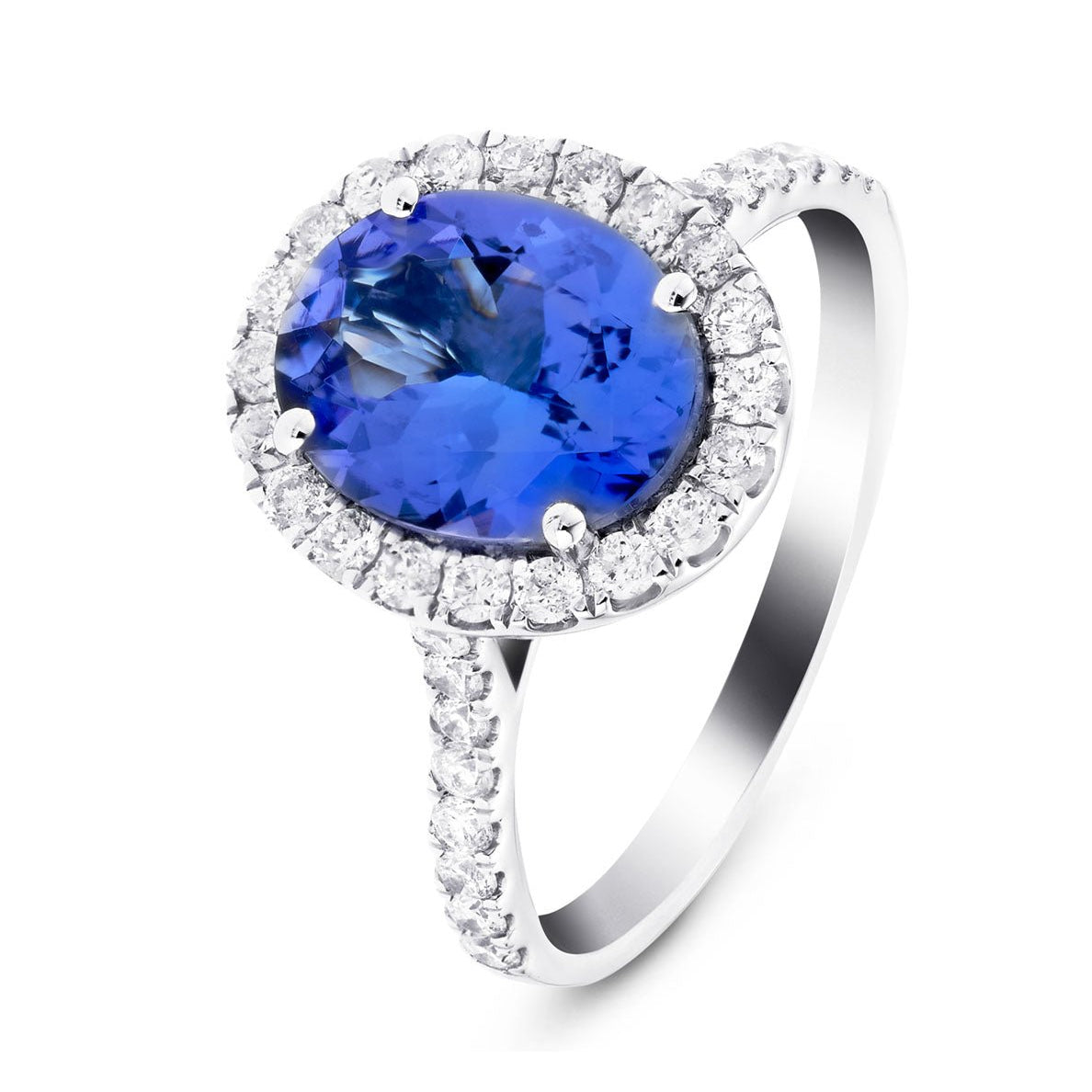 Halo Oval Tanzanite 2.60ct and Diamond 0.59ct Ring in 18K White Gold - All Diamond