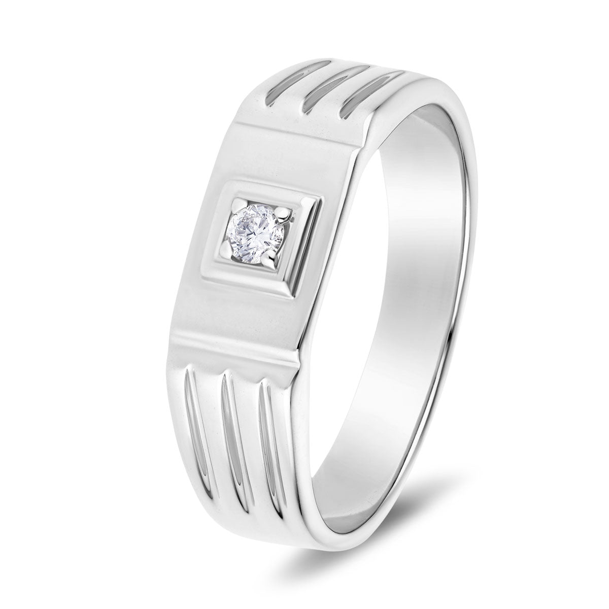 Mens Diamond Ridged Edge Signet Ring 0.08ct G/SI 9k White Gold - All Diamond