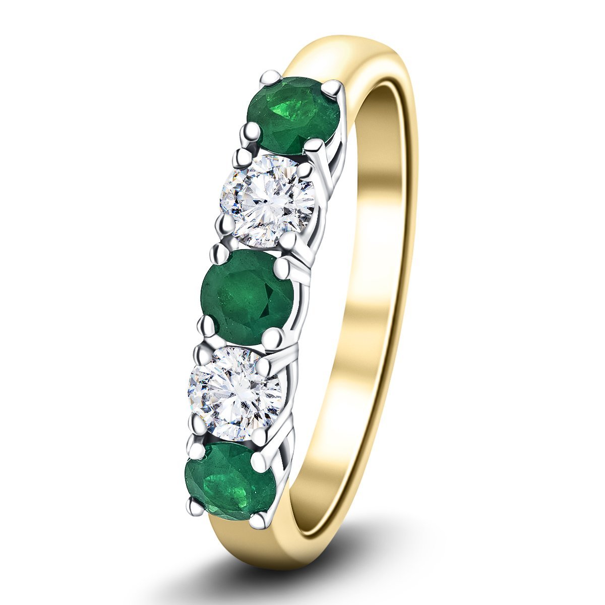 Modern 0.45ct Emerald 0.30ct Diamond Five Stone Ring 18k Yellow Gold - All Diamond