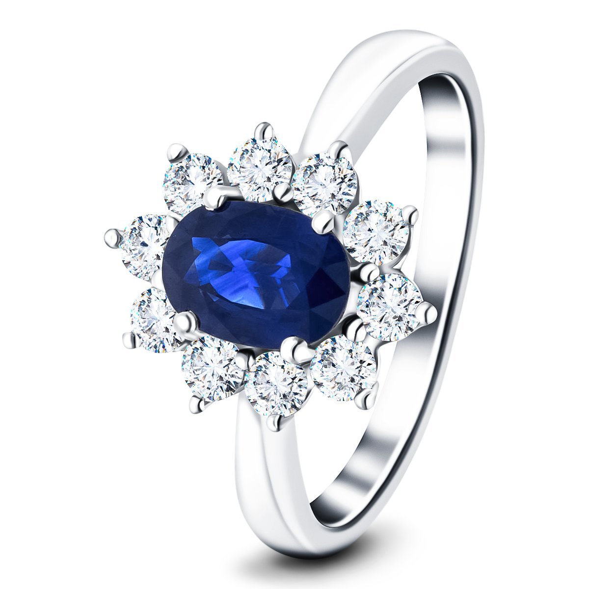 Oval 0.50ct Blue Sapphire 0.30ct Diamond Cluster Ring 18k White Gold - All Diamond