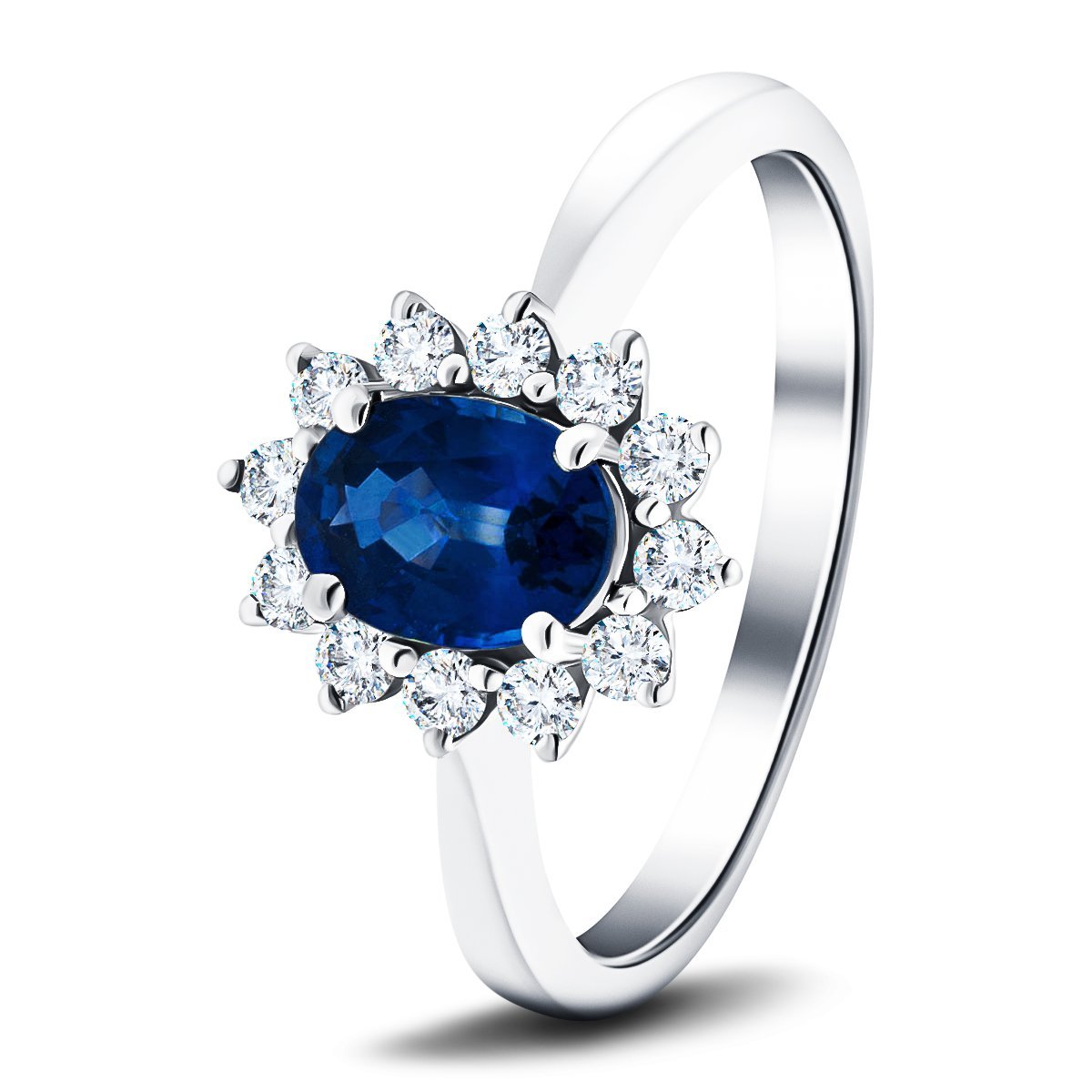 Oval 1.00ct Blue Sapphire 0.30ct Diamond Cluster Ring 18k White Gold - All Diamond