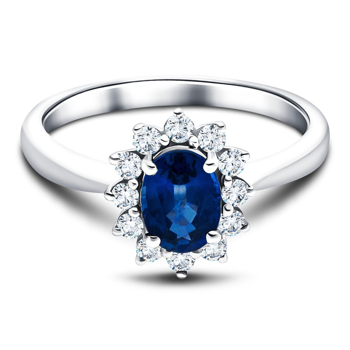 Oval 1.00ct Blue Sapphire 0.30ct Diamond Cluster Ring 18k White Gold - All Diamond