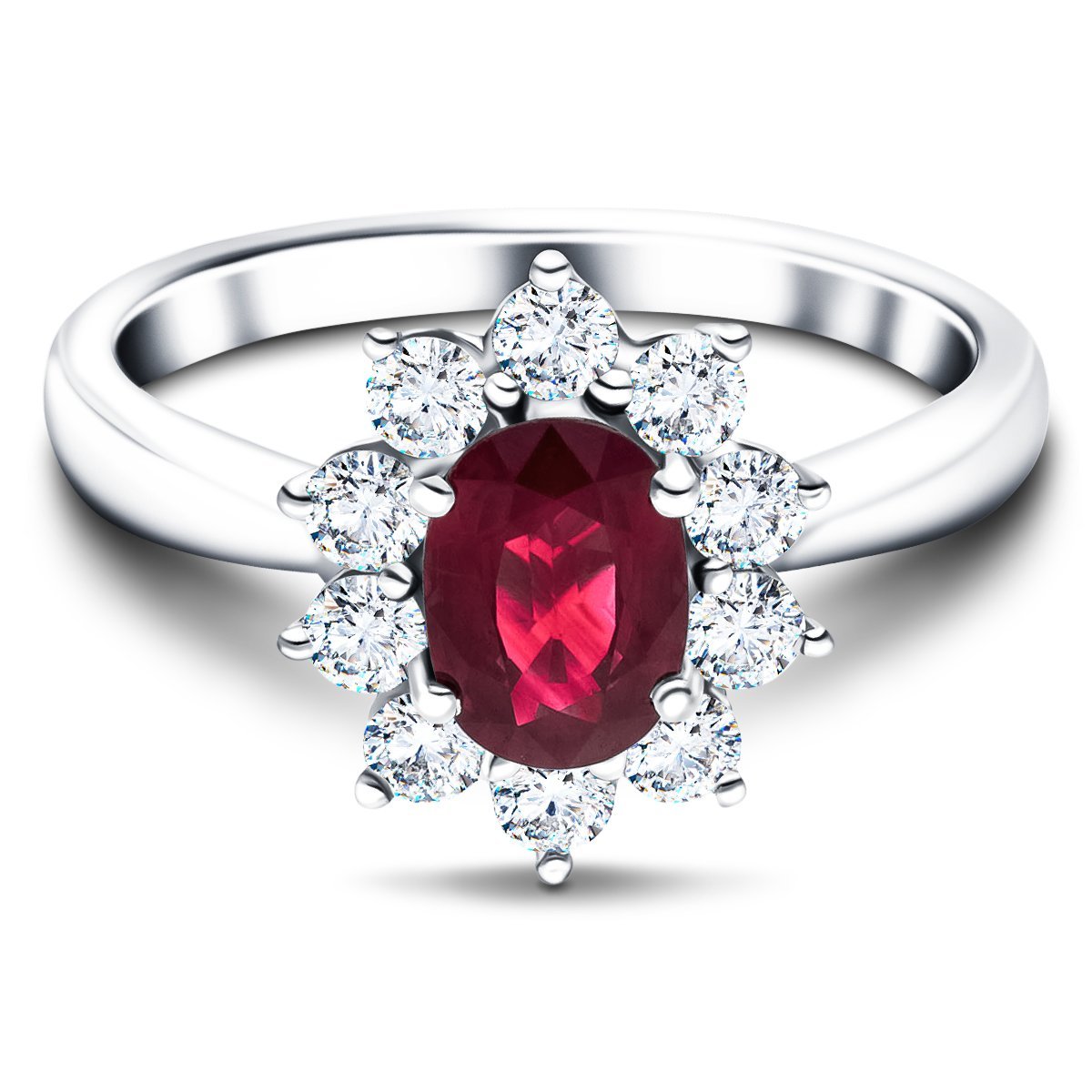 Oval 1.00ct Ruby 0.60ct Diamond Cluster Ring 18k White Gold - All Diamond