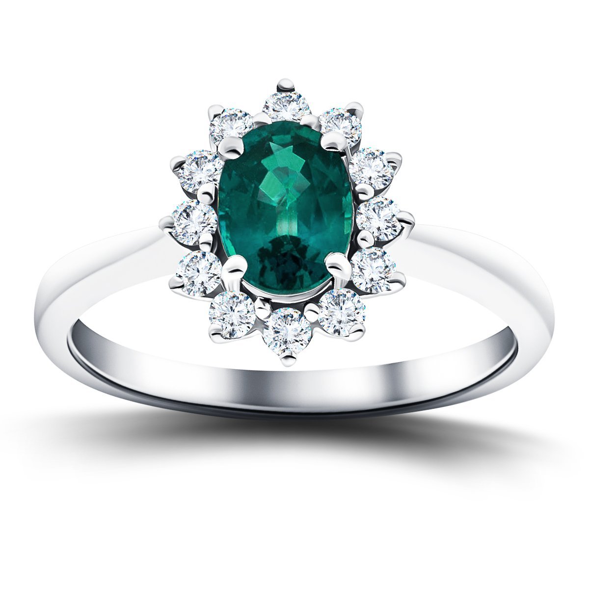 Oval 1.15ct Emerald 0.50ct Diamond Cluster Ring 18k White Gold - All Diamond