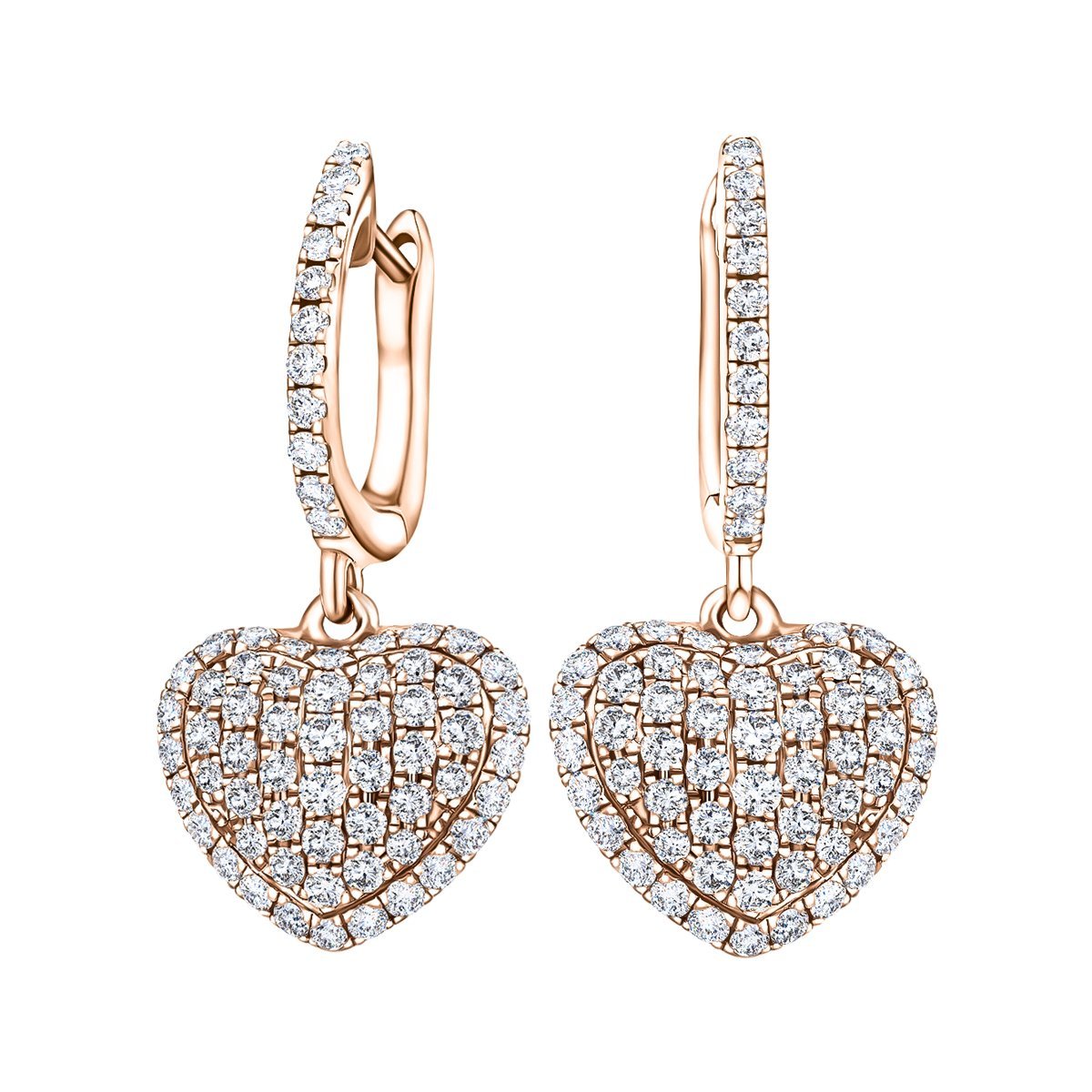 Pave Diamond Drop Heart Earrings 0.90ct G/SI Quality 18k Rose Gold - All Diamond