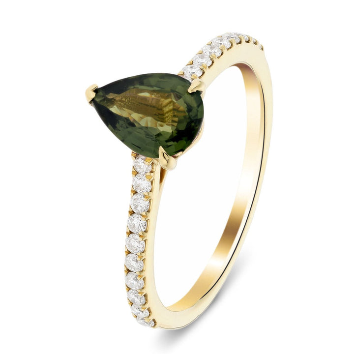 Pear Green Sapphire and Diamond Engagement Ring 1.50ct 18k Yellow Gold