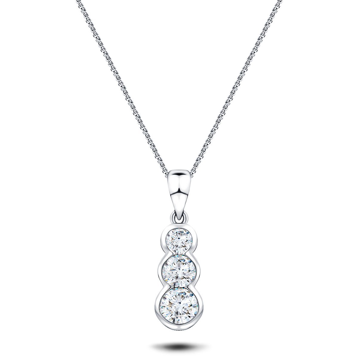 Rub Over Diamond Trilogy Pendant Necklace 0.75ct G/SI 18k White Gold - All Diamond