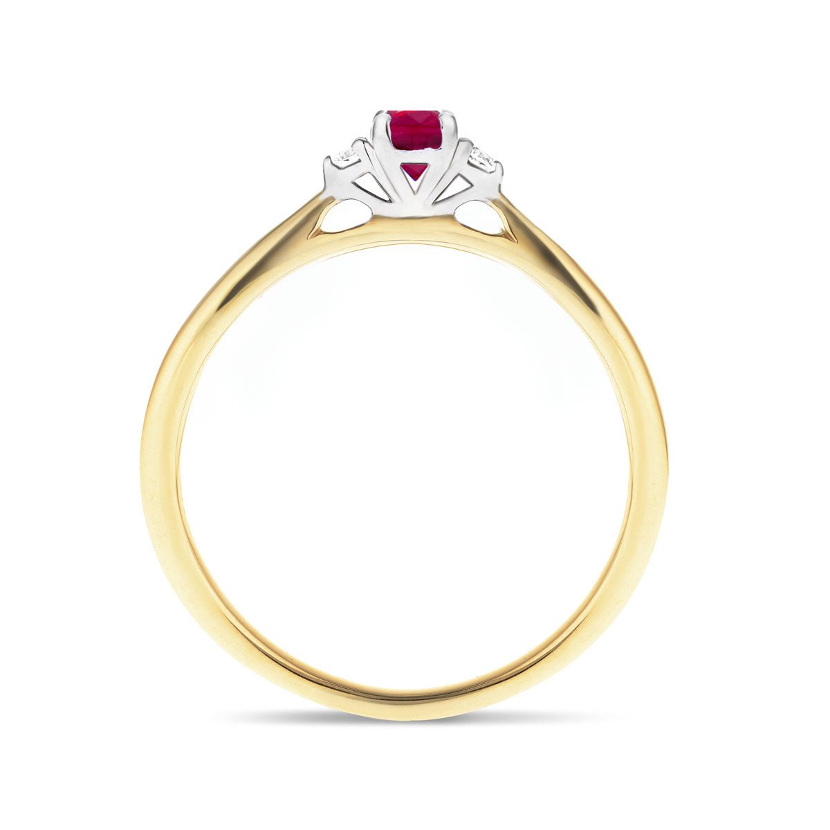 Ruby 0.30ct Diamond 0.05ct Three Stone Ring 9k Yellow Gold - All Diamond