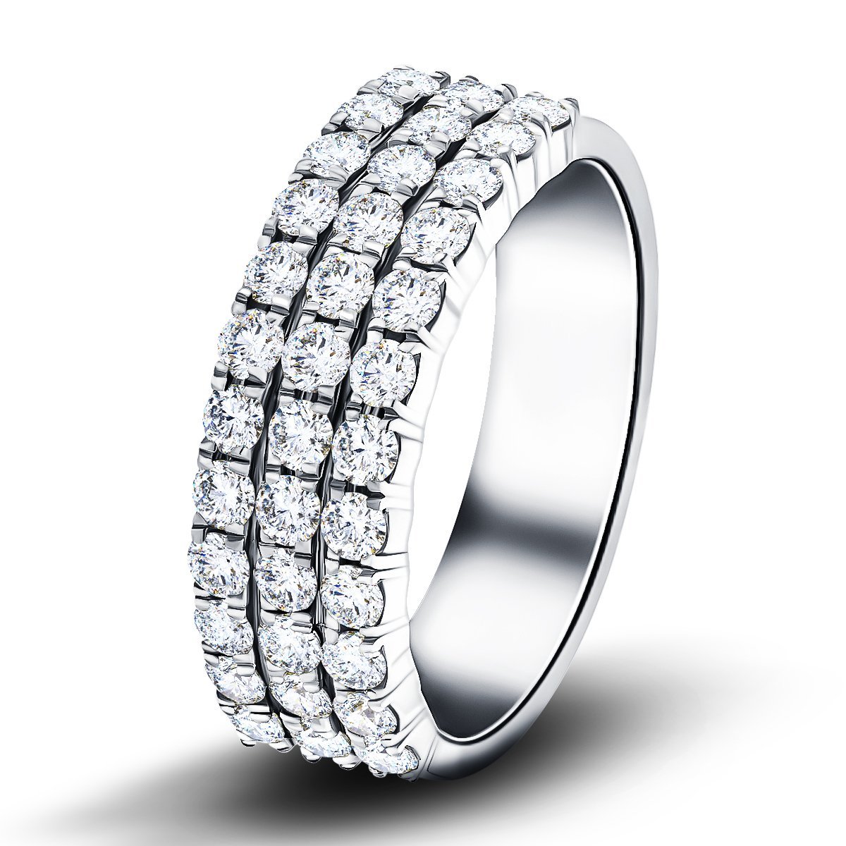 Three Row Diamond Half Eternity Ring 1.30ct 18k White Gold 6.5mm - All Diamond