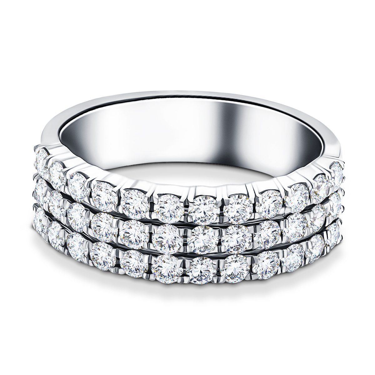Three Row Diamond Half Eternity Ring 2.20ct 18k White Gold 8.5mm - All Diamond